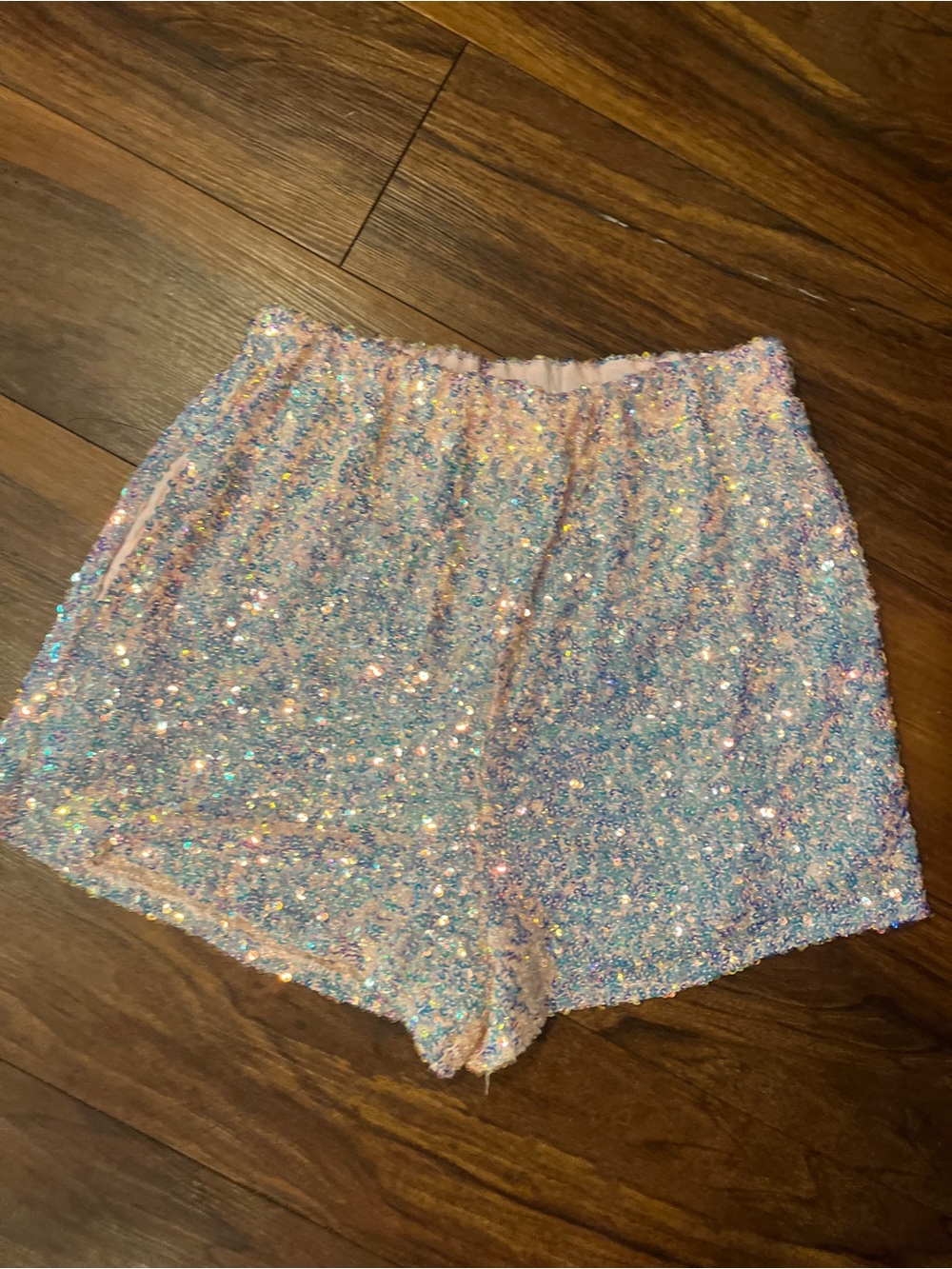 Fantastic Fawn Iridescent Sequin High-Waist Shorts in Pastel Pink & Blue